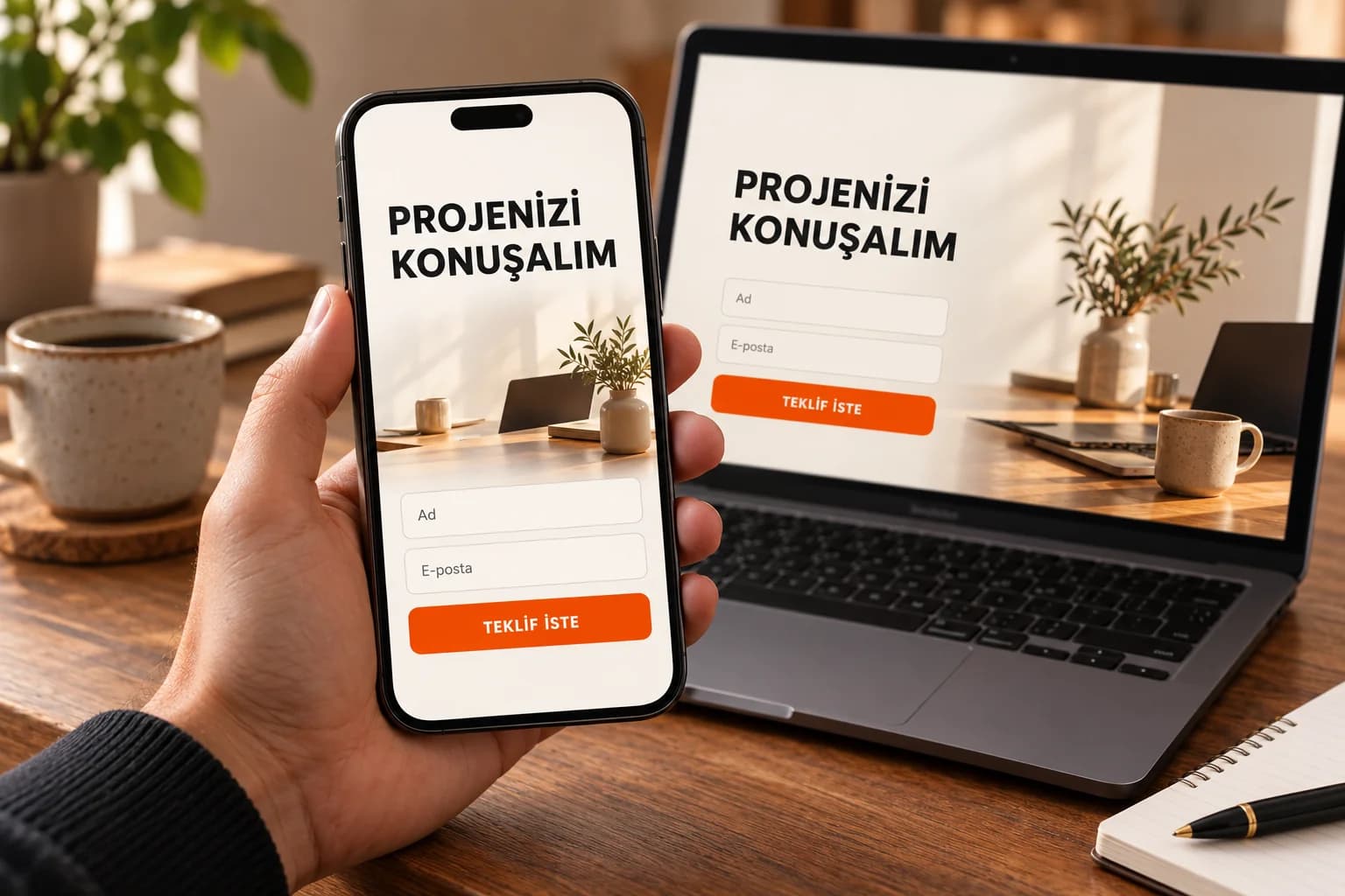 Mobil landing page üzerindeki kısa teklif formu ve masaüstü arayüzü.