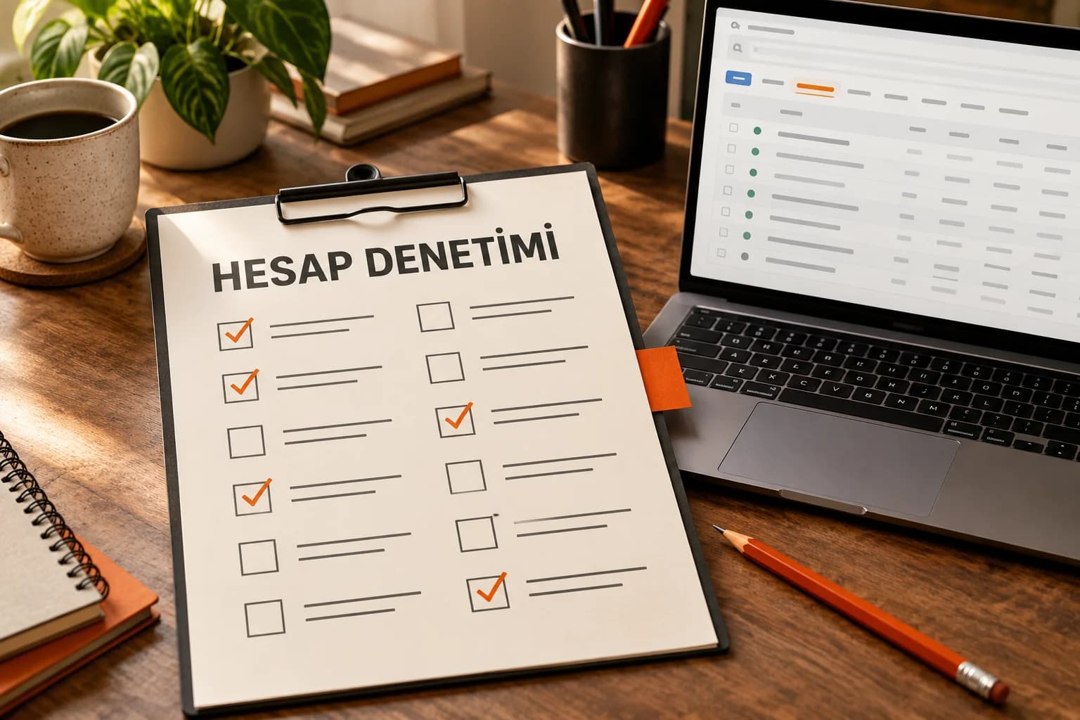 Reklam hesabı ekranının yanında duran 12 maddelik hesap denetimi kontrol listesi.