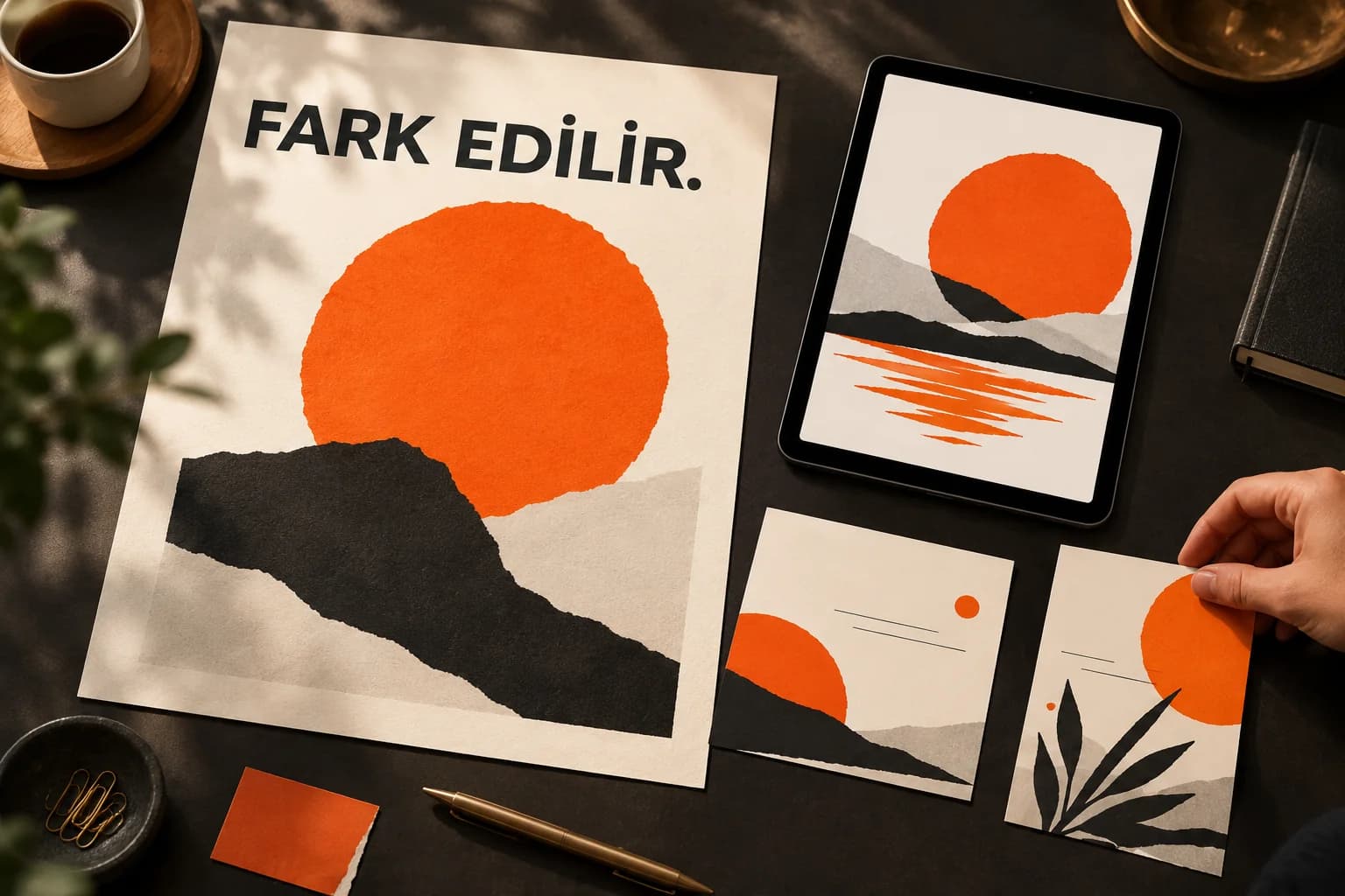 Turuncu ve krem kampanya tasarımları, tablet ve basılı afişlerle hazırlanan kreatif çalışma.