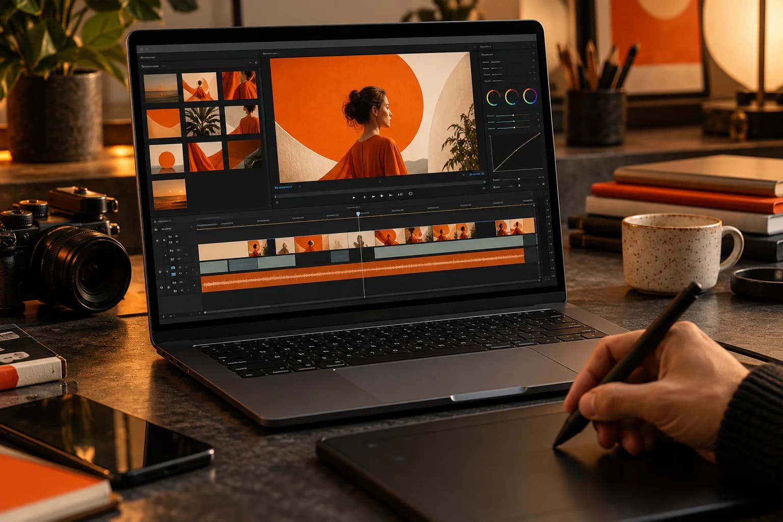 Video kurgu zaman çizelgesi, çizim tableti ve tasarım üretiminde kullanılan kalem.