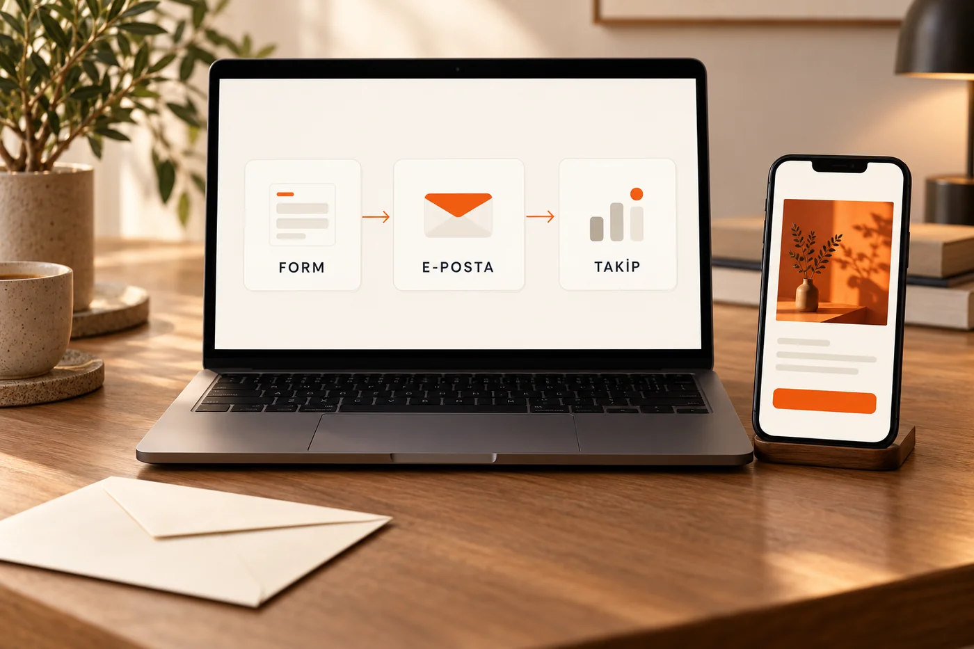 Form, e-posta ve takip adımlarını bağlayan otomasyon akışı ve mobil e-posta tasarımı.